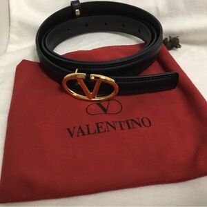 Valentino Black Leather Belt with Gold V Oval Buckle